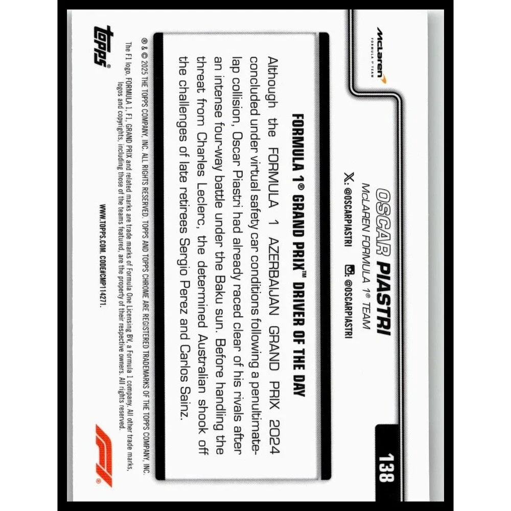 2025 Topps Chrome Formula 1 Oscar Piastri #138 McLaren F1